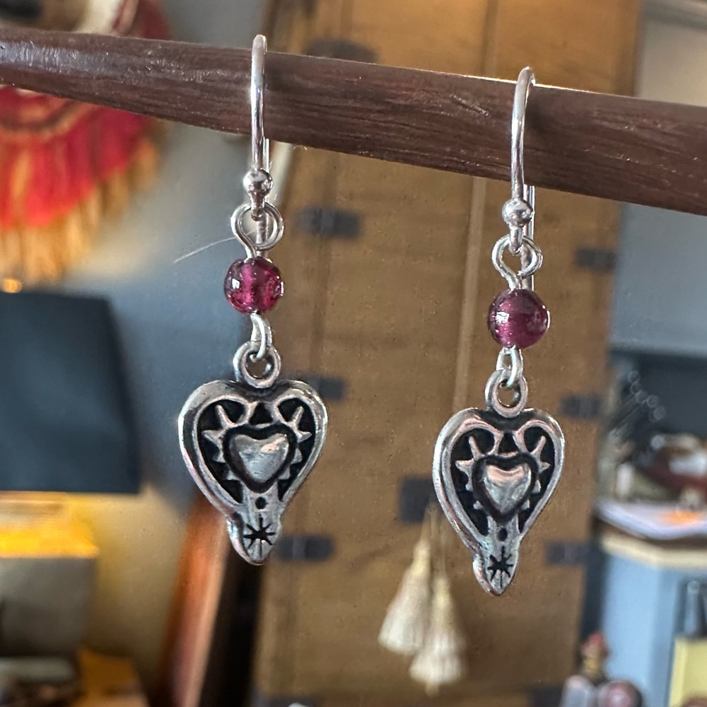 Vintage Silpada stamped sterling silver heart shaped garnet bead dangle earrings